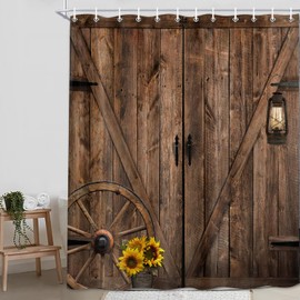 MDUKOIN Rustic Barn Door Shower Curtains,Brown Wooden Bath Curtain,Farmhouse Vintage Country Bathroom Decor,Wood Board Sunflower Shower Curtain Set with Hooks 72X84in