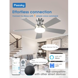 Passky Ceiling Fans with Lights, 42 Inch Smart Ceiling Fan with Remote/APP/Alexa Control, Flush Mount, Reversible, 3CCT, Dimmable, Quiet, Nickel Small Ceiling Fan for Bedroom Indoor/Outdoor Use