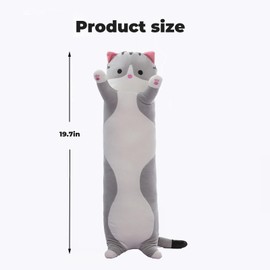 SHINUOER Cute Cat Plush Long Body Pillow – Soft Cartoon Stuffed Animal Doll, Kawaii Cat Plushie Cuddle Toy Gift for Kids, Girls & Girlfriend (Gray, 19.7 Inch)