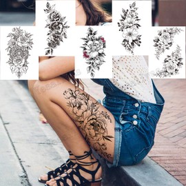 Yesallwas Flower Black 10 Pcs Set Tattoo Stickers Realistic Waterproof Long Lasting Tattoo Sticker Body Seal Women Black Flower temporary tattoos 4.5 x 8.3 inches (11.5 x 21 cm) (Black 3)