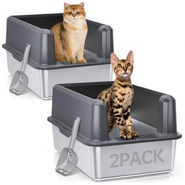 WoofiGo 2PACK Stainless Steel Cat Litter Box with Lid, XL Metal Litter Box for Big Cats, Extra Large Litter Box with High Sides, Never Absorbs Odors, Non-Sticky, Easy Clean, Anti-Urine Leakage (Gray)