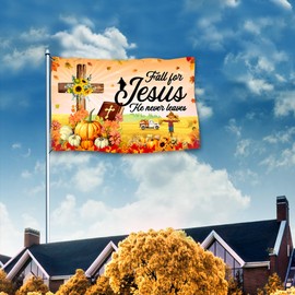 Bandera de otoño para Jesús He Never Leaves de 3 x 5 pies, bandera de espantapájaros de calabaza, de poliéster para exteriores, bandera de Acción de Gracias de doble cara para exteriores, casa grande, decoración de pancarta para interiores y exteriores