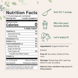 USDA Organic Monk Fruit Extract Powder with Active Mogrosides, 4 Ounce, Zero Calorie, Zero Carb, Sugar Alternative, Monk Fruit Keto Diet, Perfect Paleo & Low-Carb Dieters, Natural Sweetener, Vegan