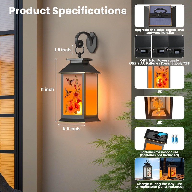 AYTPU 2 Pack Solar Flame Lanterns Outdoor IP65 Waterproof, 13.25