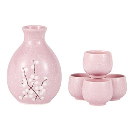 Hinomaru Collection Plum Blossom Ume Design Japanese Sake Set Tokkuri 9 fl oz Bottle with Four Sake Ochoko Cups 1.5 fl oz Hot Cold Sake Serving Carafe Drinkware (Pink)