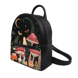 Showudesigns Mushroom Mini Backpack Purse for Women Teen Girls Shoulder Bag Butterfly Moon Night Daypack Small Travel Shopping Bag Handbag Tote Black