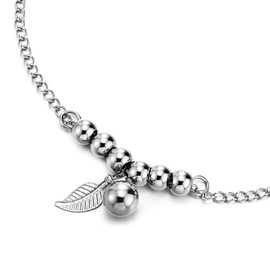 COOLSTEELANDBEYOND Stainless Steel Link Chain Women's Anklet with Bead Cord Dangling Leaf and Ball, Adjustable, Stainless steel, metal, Non-applicable