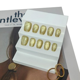 Cat Eye Press on Nails Handmade Short Oval/Square/Round False Nails with French Tip/Aurora/Magnetic Shimmer Designs (Glitter#Square Golden, Small)