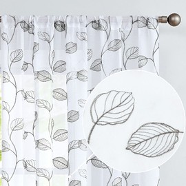 Topick Grey Sheer Curtains for Living Room Curtain Leaf Embroidered Rod Pocket Window Curtains Botanical Geometric Embroidery Semi-Sheer Curtain for Bedroom Window Treatment Drapes 2 Panels 63 inch