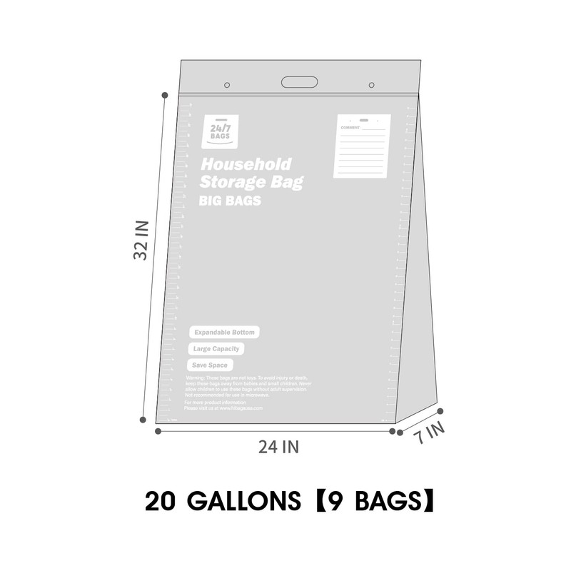 9 XXX-Large Plastic Storage Bags, 20 Gallons, Zero BPA, Double
