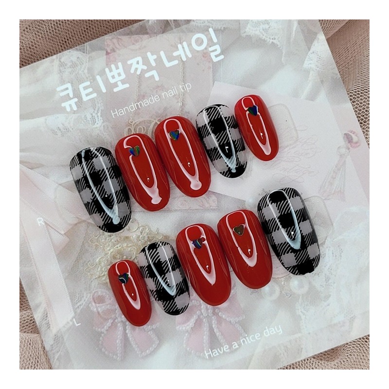 Red Check Handmade Nail Tips - Square L / 레드