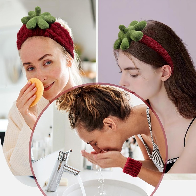Spa Skincare Headbands& Wristband Set，Cute Strawberry Makeup Headband For Women
