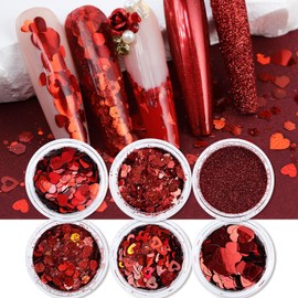 WAFOLOZE Valentine’s Day Nail Art Glitters Red Heart Nail Sequins for Nail Art Red Shiny Flake 3D Holographic Powder Dust Glitters Valentine’s Day Nail Art Decorations Sets（6 Boxes