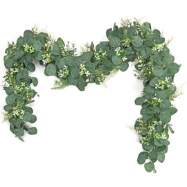 Dremisland Artificial Eucalyptus Garland 2 Packs 5.9Ft Silver Dollar Boston Fern Greenery Garland with White Flowers Eucalyptus Leaves Vines for Wedding Party Mantle Table Home Decor (Green, 2PCS)