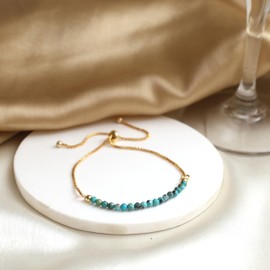 Gempires Turquoise Beaded Bracelet, Birthstone Bracelet, December Birthstone Jewelry, Bolo Beads Bracelet, 14k Gold Plated Chain (6-9 inch Adjustable Length)