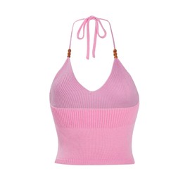 Verdusa Women's Crop Halter Tops Y2k Goth Clothes Crochet Cami Sleeveless Tie Backless Boho Knit Top Camisole Pink Medium