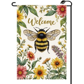Summer Floral Bee Garden Flag 12x18 Inch Double Sided Seasonal Spring Welcome Flowers Small Flags Farmhouse Outside Decoration For Yard,Patio, Porch and Lawn (ONLY FLAG) XJ64