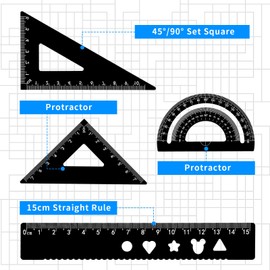 Mabor Set of 4 Set Square Metal Set, Ruler Made of Aluminium Alloy Protractor Triangle Architects Mathematics Geometry Tool Scale for Students, Teachers, Architects, Engineers (Black)