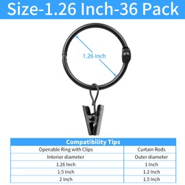 Manysky 36 Pack 1.26 Inch Openable Curtain Rings with Clips, Rust Resistant Metal Open Drapery Rings Hooks with Curtain Clips, Fits Up to 1 Inch Interior Diameter Rods, Black