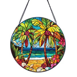 Stained Glass Window Hanging,Beautiful Beach Landscape Glass Panel Window Hanging,Suncatchers,Decoration for Home Garden Christmas Party Wedding Housewarming Gifts