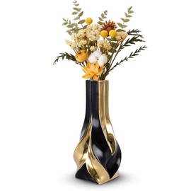 10.6" Black and Gold Ceramic Vase, Modern Geometric Flower Vase for Dining Table Centerpiece, Elegant Decorative Vase for Pampas Grass, Living Room, Bedroom, Office, Tabletop Decoration