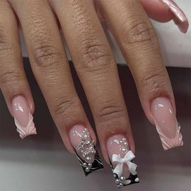 TELAIN 24 Pieces Medium Length Press-On Nails with Rhinestones, Pink False Nails, Square, Pearls, Shiny, 3D Fake Nails for Women and Girls