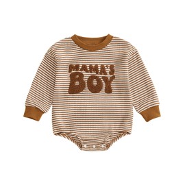 Newborn Baby Boy Fall Outfit Romper Letter Embroidery Long Sleeve Onesie Jumpsuit Bodysuit Waffle Infant Clothes (Mama Boy Khaki, 0-3 Months)