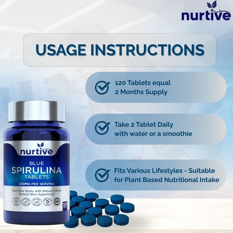 NURTIVE Blue Spirulina Tablets - 250mg per Serving, Phycocyanin Superfood
