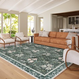 Washable 8x10 Area Rug - Light Green Vintage Floral with Ornate Border, Soft Low Pile Carpet for Living Room, Dining Room Under Table, Bedroom Non-Slip, Stain Resistant & Durable