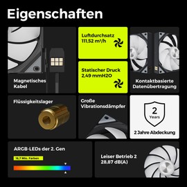 TRYX ROTA SL ARGB 120 Black – 120mm RGB PWM Fan for PC Case & Radiator, Triple Pack Daisy Chain Fans with Magnetic Connection Cable, High Performance, Low Noise