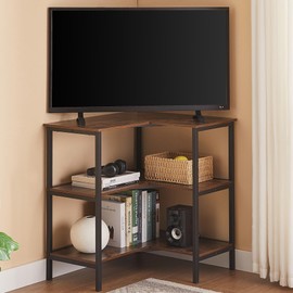 VECELO Corner Cabinet Table with 3 Tier Open Shelf, Multipurpose Display Organizer Storage Stand, for Small Space Living Room Home Office Kitchen, Rustic Brown