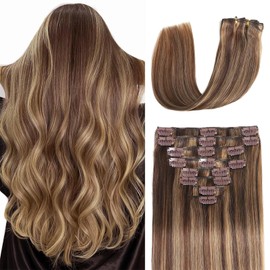 Clip in Hair Extensions Real Human Hair Clip in Extensions for Women Seamless Balayage Chocolate Brown to Honey Blonde Straight Remy 100% Human Clips ins Extension 8pcs Double Weft 24 inch 4.2oz/120g