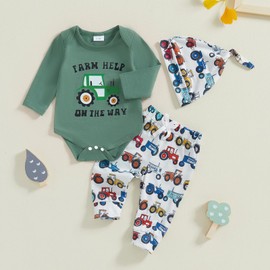 Mesalynch Baby Boy Fall Spring Outfit Newborn Infant Tractor Print Long Sleeve Romper Elastic Trouser Hat Set Clothes (Green Tractor, 9-12 Months)