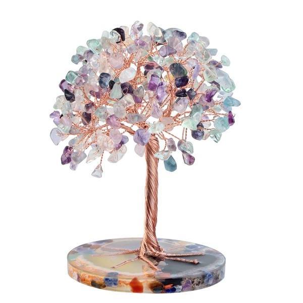 Nupuyai Fluorite Crystal Stone Money Tree Wrapped on Round Orgone Agate Slices Base, Tree of Life Crystal Bonsai Feng Shui Figurine Decor for Wealth and Luck 4.7-5.5 Inches