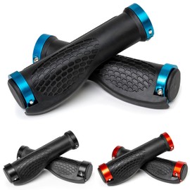 Ergonomic Bicycle Grips for Handlebar Grips up to 22 mm Diameter, Grip with 14 cm Total Length, Bicycle Handlebar Grip with End Caps and Blue Mounting Rings, Bicycle Handlebar Grip for MTB, Road Bike