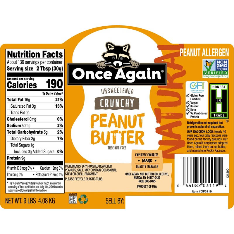 Once Again Natural, Crunchy Peanut Butter, 9lb Bucket (same as