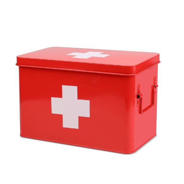 Flexzion First Aid Medicine Box Supplies Kit Organizer - Empty 13" Red Metal Tin Medic Storage Bin Hard Case with Removable Tray White Cross, Vintage Antique Boxes for Home Family Emergency Tool Set