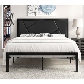 SHA CERLIN Full Size Metal Bed Frame with Leather Upholstered Headboard,Linear Geometric Design,Heavy Duty Metal Slats Support Platform,No Box Spring Needed,Black
