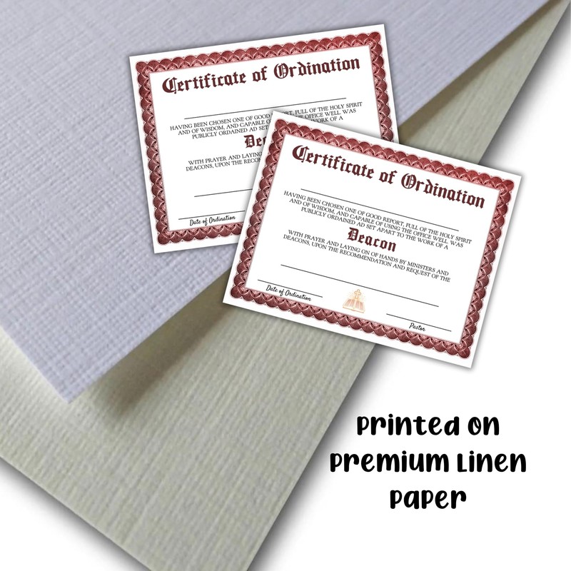 Deacon Certificate of Ordination License 6pk Linen Paper 8.5x11” New