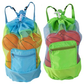 2pcs Beach Toy Backpacks, Foldable Swim Mesh Sand Beach Bag with Adjustable Shoulder Straps for Kids Men Women Vacation Athletic Gym Sports Workout(Green & Blue)