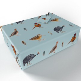 Luxury ECO Gift Wrap - 6 sheets/tags - Blue Game Birds - Birthday - Recycled & Recyclable Wrapping Paper - Re-wrapped