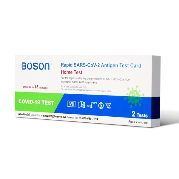 Boson Rapid SARS-CoV-2 Antigen Test Card, FDA EUA Authorized OTC at-Home Self Test, Results in 15 Minutes, 2 Tests Per Pack, Convenient and Comfortable to use