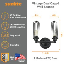 Sunlite 07040-SU Vintage-Inspired Dual Caged Wall Sconce, Metal Industrial Style Fixture, Antique Rustic Décor, Farmhouse Designed, Two Medium Base Socket (E26), UL Listed, Matte Black Finish