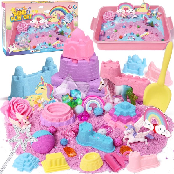 G.C Unicorn Sensory Bin for Girl Kid Toy, Play Sand Art Kit 108pcs with Sandbox, 2lb Color Sand, 6 Castle Molds, Unicorn Tactile Sensory Toy Christmas Birthday Gift for Girl Toddler Ages 3 4 5 6 7 8