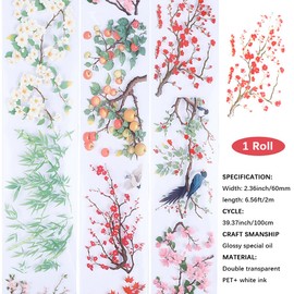 CRASPIRE 2.19Ydsx2.36In PET Tape Pink Plum Blossom Clear Flower Floral Journal Scrapbooking Decorative Stickers Original Vintage Diy Handbook Crafts Collage Gift Wraping for Diary Art Planner Supplies
