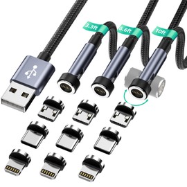 HanCenDa Magnetic Charging Cable with Rotation, 3 Pack [1 metre / 2 metres / 3 metres], 3-in-1 Magnetic Charging Cable, 3A Fast Charging Cable, Supports Data Transmission, Nylon Braided Cable for i/Micro USB/Type C – Black