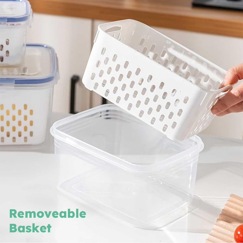 2 Pack Fruit Storage Containers for Fridge with Removable Drain