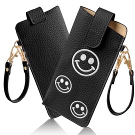 YooFa Glasses Case, Stylish, Women's, Thin, Eyeglass Case, Cute, Smile Embroidered Pattern, Women's Glasses Storage Bag, Lightweight, Slim, Synthetic Leather, Compact, Strap, Portable, Stylish, Buckle