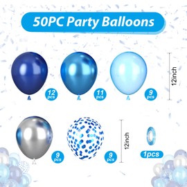 Blue Balloons, 50pcs Blue and Silver Balloons, Navy Bule Pearl Dark Blue Metallic Blue Balloons, Blue Confetti Balloons For Boy Man Birthday Party Baby Shower Gender Reveal Graduation Wedding Decor