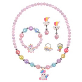 OSDUE 6 Piece Unicorn Jewellery Set Girls, Unicorn Children's Jewellery Includes Necklace, Rings, Bracelets, Earring, Unicorn Children's Jewellery Set for Party Dress Up Gift